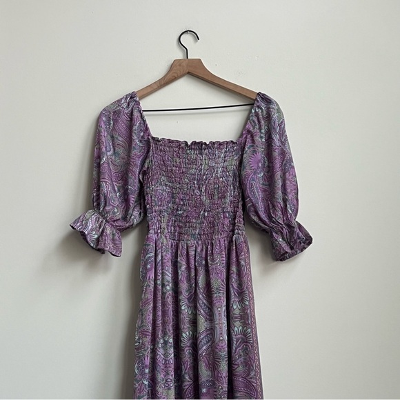 Perry Walker Collective Grace Purple Paisley Smocked Bohemian Midi Dress Silk - Picture 3 of 13